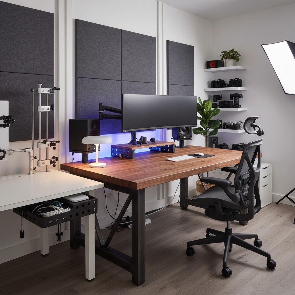 A modern home office features a wooden desk with an ultrawide monitor, a black ergonomic chair, and shelves displaying cameras against a wall with acoustic panels.